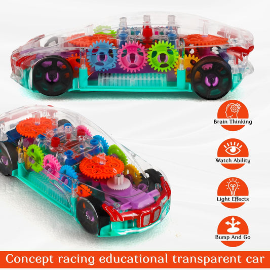 Transparent Gear LED Light Toy Car with Flashing Lights & Cool Design