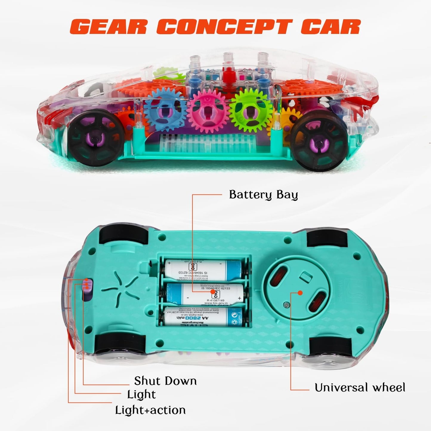 Transparent Gear LED Light Toy Car with Flashing Lights & Cool Design