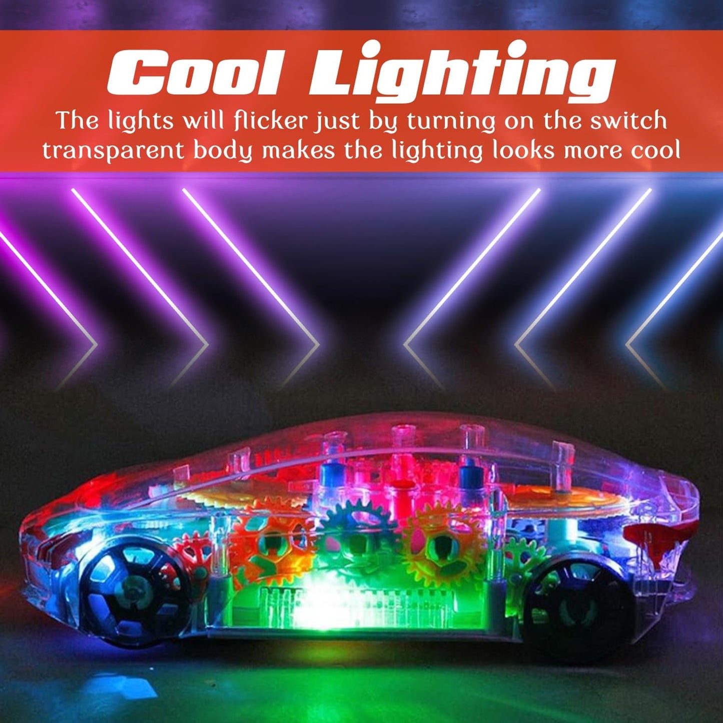 Transparent Gear LED Light Toy Car with Flashing Lights & Cool Design